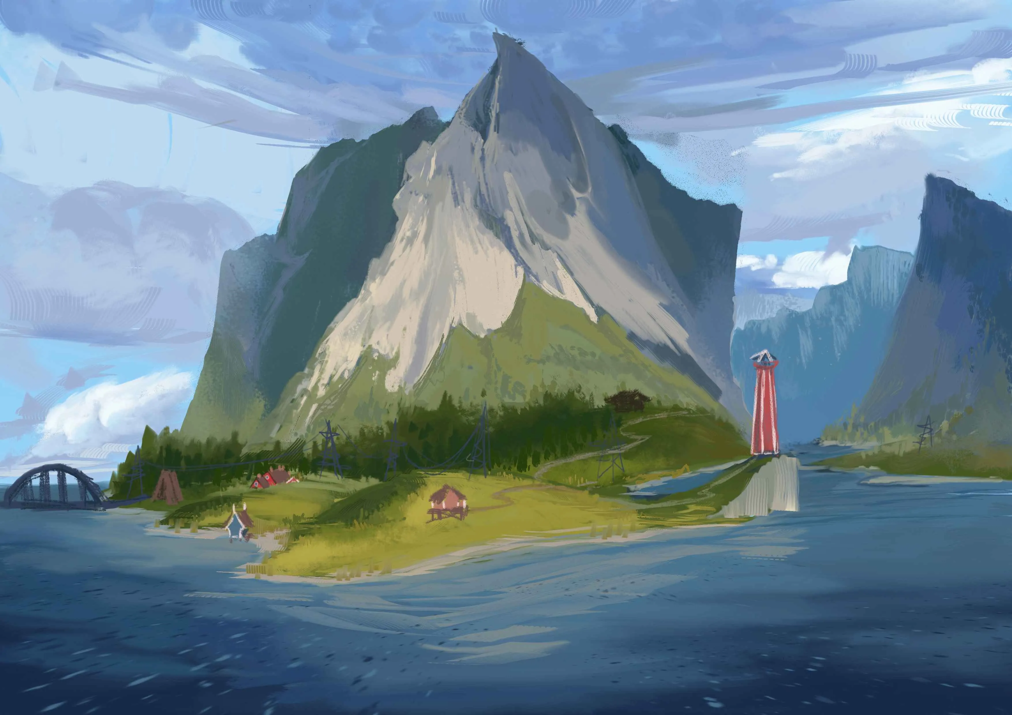 Painting of the Village Fjallvík, a coastal mountain landscape with a towering gray peak rising above green hills and a small island village. A red-and-white lighthouse stands beside a narrow waterway, with scattered cabins, power lines, and a bridge visible near the shoreline under a cloudy blue sky.
