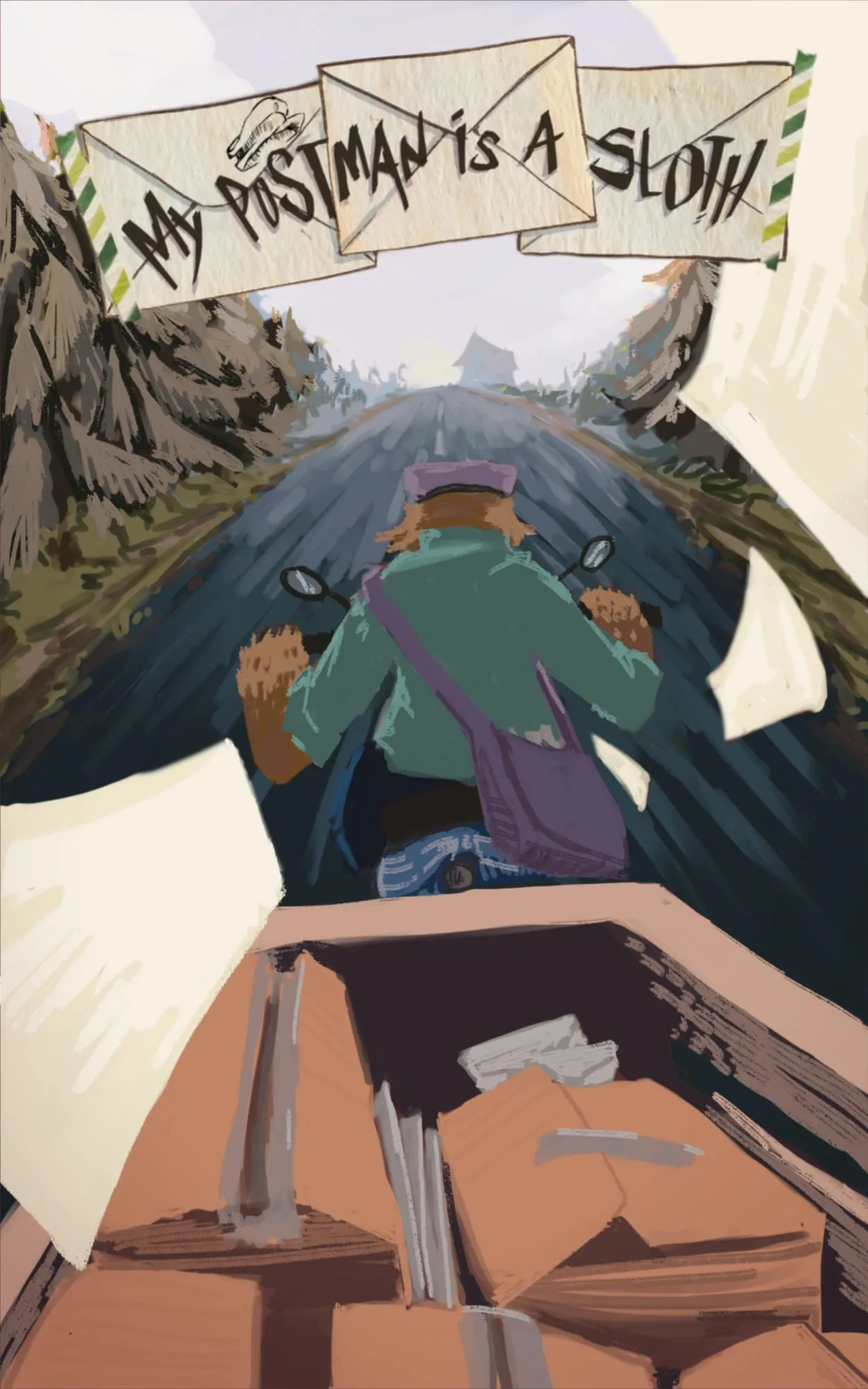 A sloth driving down the road on a scooter with a town in the distance.