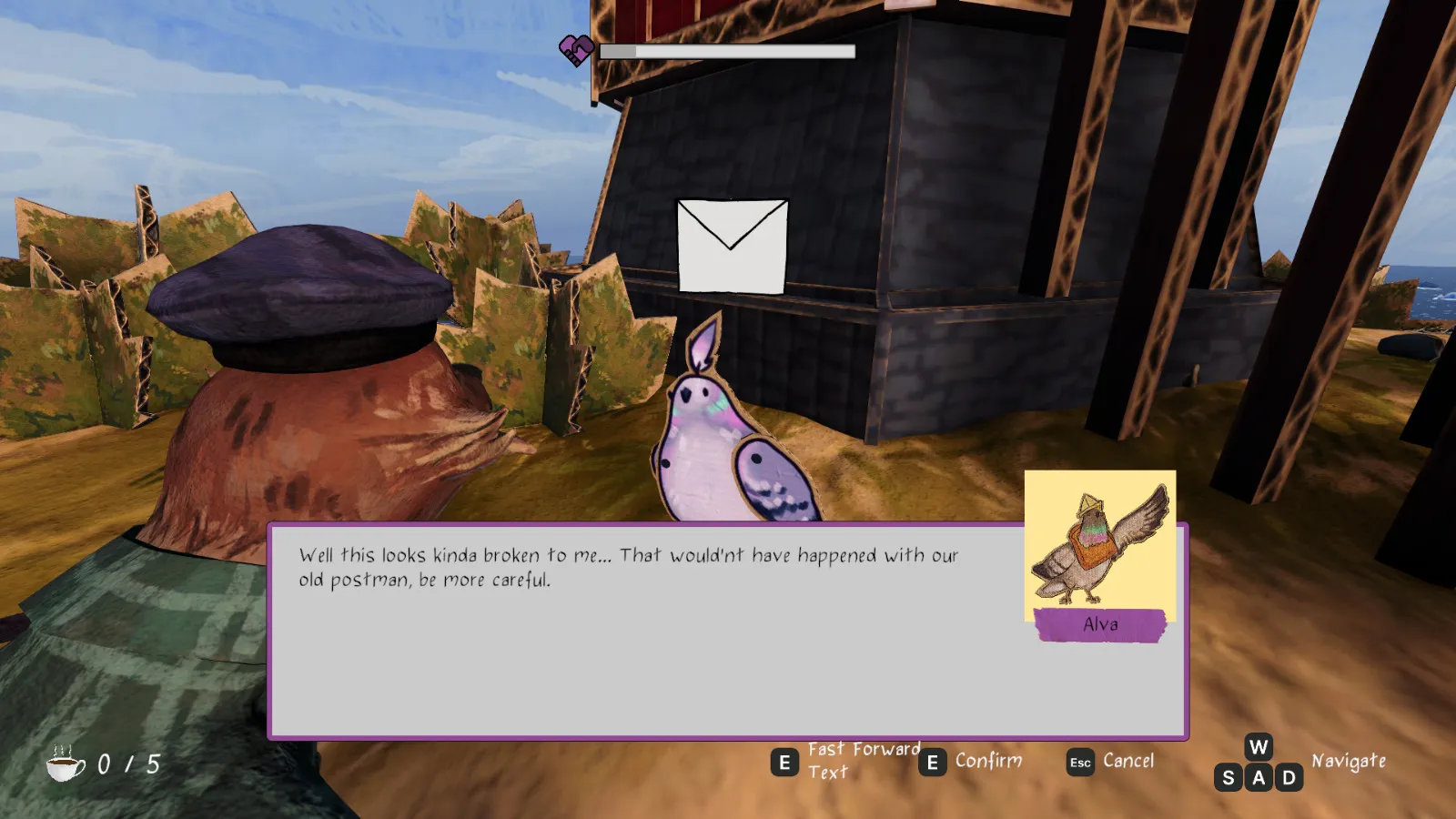 Dialogue screen with Alva the bird commenting on a broken package delivery.
