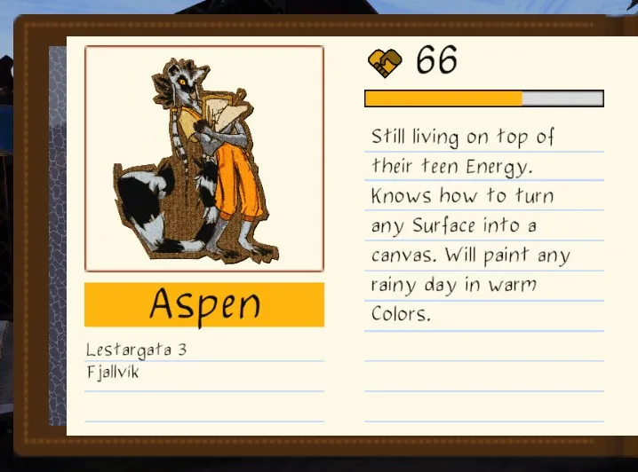 A profile page for an artistic lemur character named Aspen, displaying biographical notes and a friendship level of 66.
