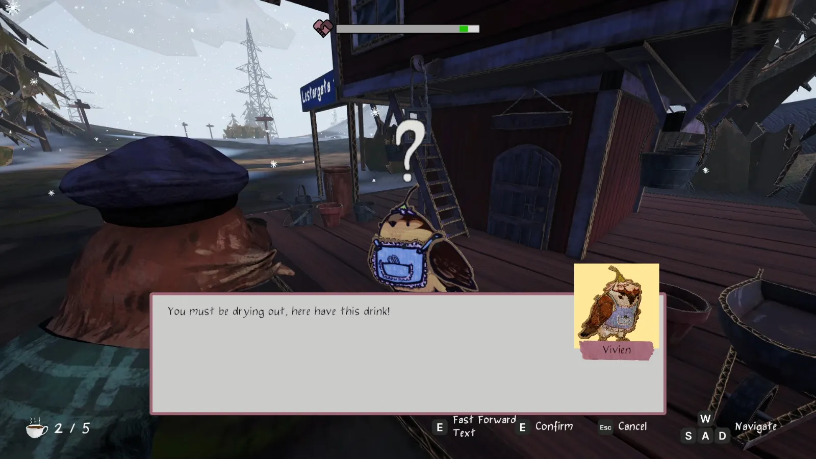 Dialogue screen with Vivien the bird offering a drink to the player character
