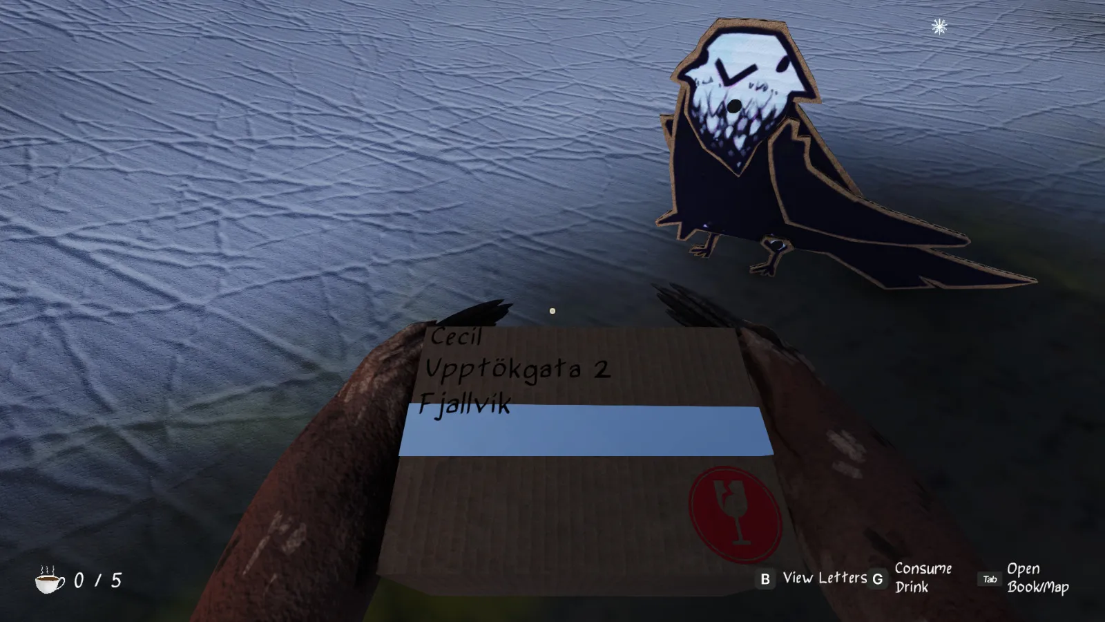 First-person view holding a package addressed to Cecil in Fjallvík
