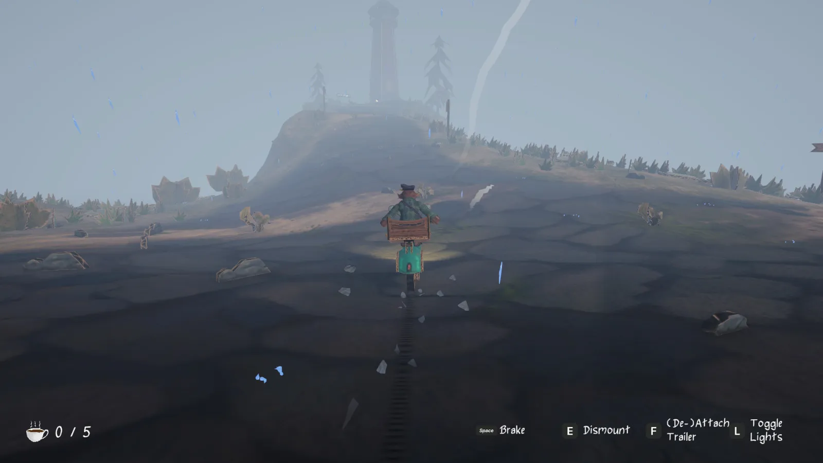 A character riding a scooter up a dirt path toward a lighthouse in the rain.
