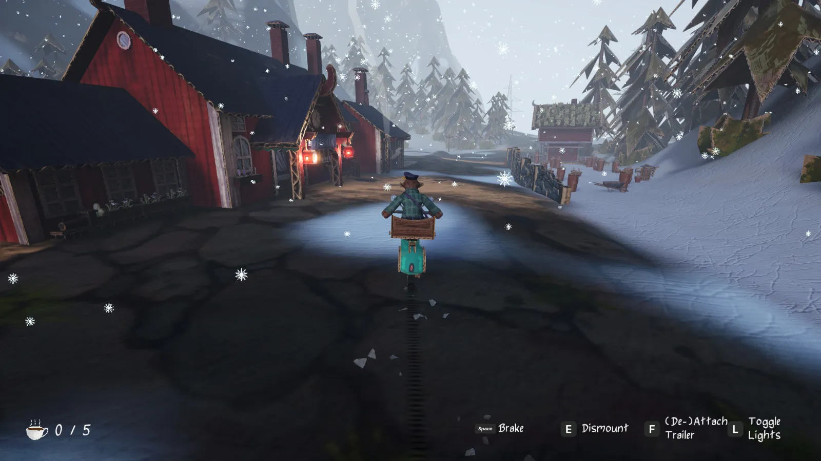 A character riding a scooter through a snowy village path past red buildings.
